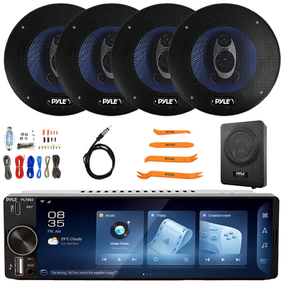 Pyle PLTS82 Single DIN 6.26" Bluetooth USB/AUX MP3 Player AM/FM Car Audio Stereo Receiver, 4x 5.25" 200W Max Power 3-Way Speakers, 8" 600W Max Amplified Subwoofer w/Amp Kit, Antenna, Pry Tool Set