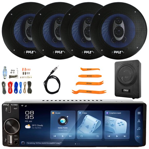 Pyle PLTS82 Single DIN 6.26" Bluetooth USB/AUX MP3 Player AM/FM Car Audio Stereo Receiver, 4x 6.5" 360W Max 3-Way Triaxial Speakers, 8" 600W Max Amplified Subwoofer w/Amp Kit, Antenna, Pry Tool Set