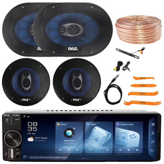 Pyle PLTS82 Single DIN 6.26" Bluetooth USB/AUX MP3 Player AM/FM Car Stereo Receiver, 2x 6x9" 400W Max 4-Way Speakers, 2x 6.5" 360W Max 3-Way Speakers, Antenna, Wire, Pry Tool Set, Rear View Camera