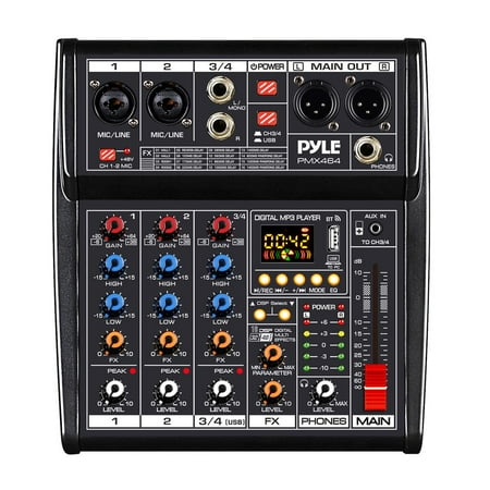 Pyle PMX464 - 4-Channel Audio Mixer w/ Recording Interface - Built-in FX Processor/AUX Input & MP3 Player, 2 XLR I/O Connectors