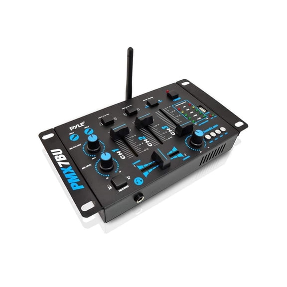 PYLE PMX7BU - Bluetooth 3-Channel DJ MP3 Mixer, Mic-Talkover, USB Flash Reader, Dual RCA & Microphone Inputs, Headphone Jack