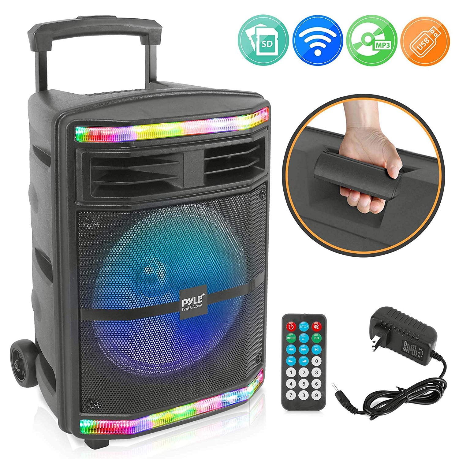 Pyle PPHP1044B - PA Speaker System - Portable Indoor / Outdoor Loudspeaker with , Flashing Party Lights, MP3/USB/Micro SD Readers, FM Radio (10’’ Subwoofer, 600 Watt)