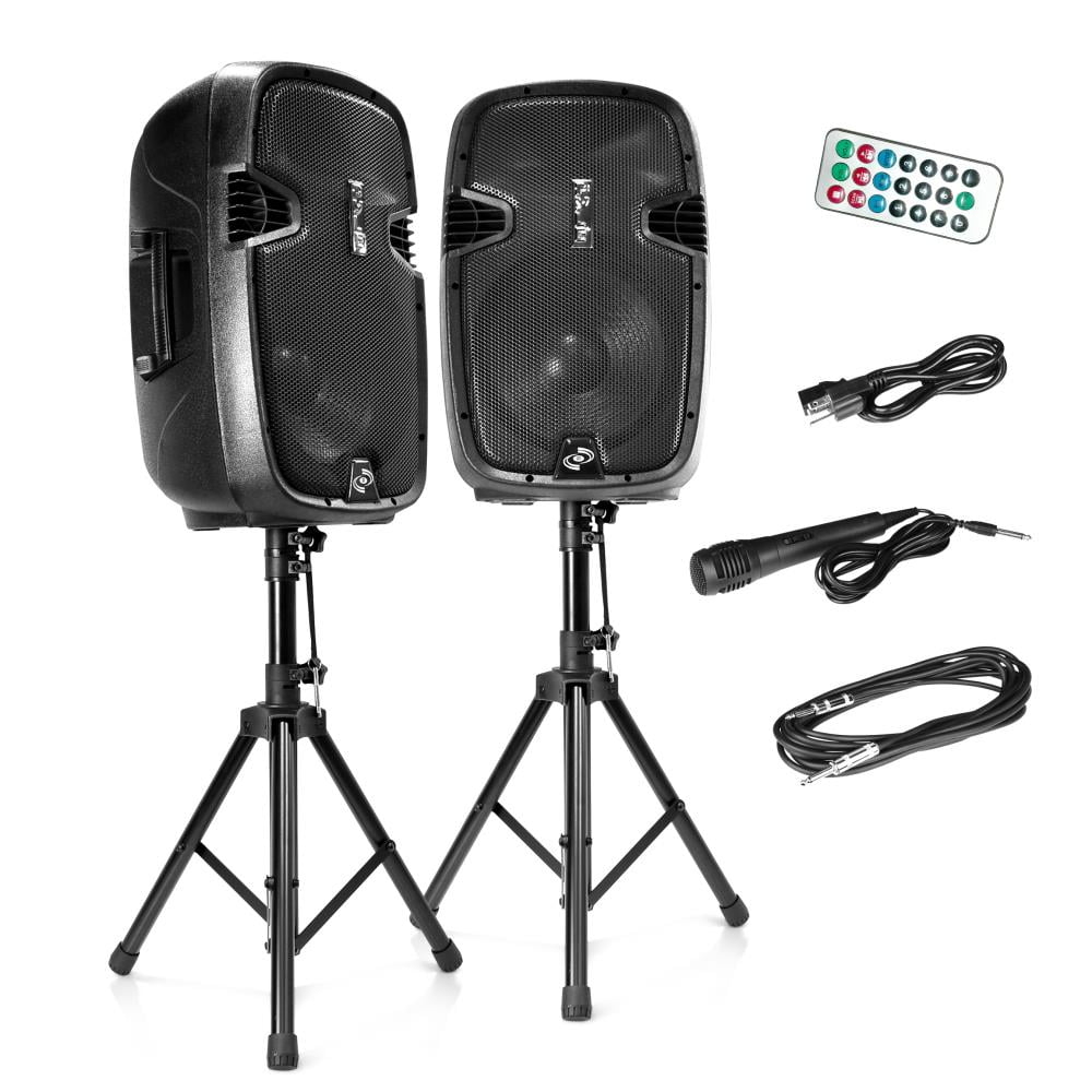 Pyle PPHP1249KT - Active + Passive PA Speaker System Kit - Dual Loudspeaker Sound Package, 12'' Subwoofers, Bluetooth Wireless Streaming, Includes (2) Speaker Stands