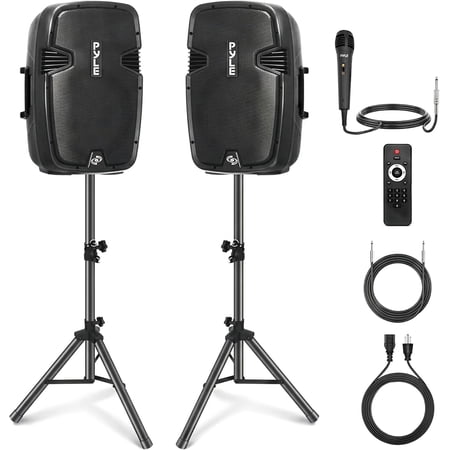Pyle PPHP1249KT - Active + Passive PA Speaker System Kit - Dual Loudspeaker Sound Package, 12'' Subwoofers, Bluetooth Wireless Streaming, Includes (2) Speaker Stands