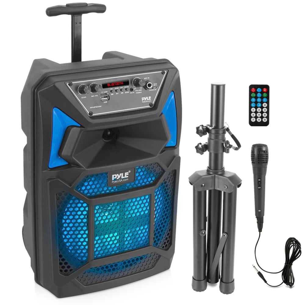 Pyle PPHP82SM - PA Speaker & Microphone System - Portable Karaoke Speaker with Wired Mic, Built-in LED Party Lights, Speaker Stand (8’’ Subwoofer, 400 Watt MAX)