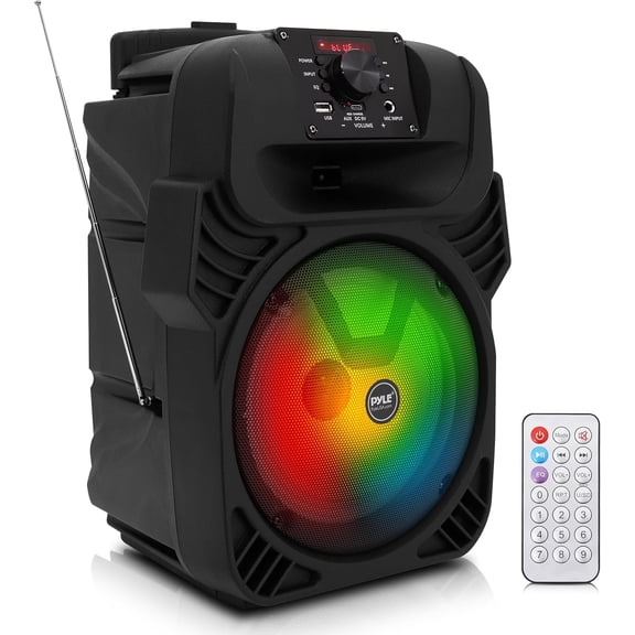Pyle 400W Portable Bluetooth PA Loudspeaker - 8 Subwoofer System, 4 Ohm/55-20kHz, USB/MP3/FM Radio/ Mic Inputs, Multi-Color LED Lights, Built-in Rechargeable Battery w/ Remote Control -PPHP844B