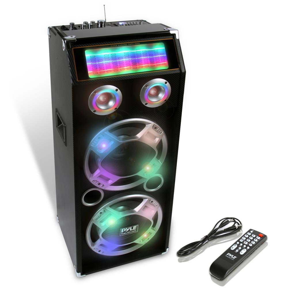 Pyle PSUFM1035A - 1000 Watt Disco Jam Powered Two-Way Bluetooth Speaker System w/ Flashing DJ Lights, USB/SD Card Readers, FM Radio, 3.5mm AUX Input, Graphic EQ & USB Charge Port