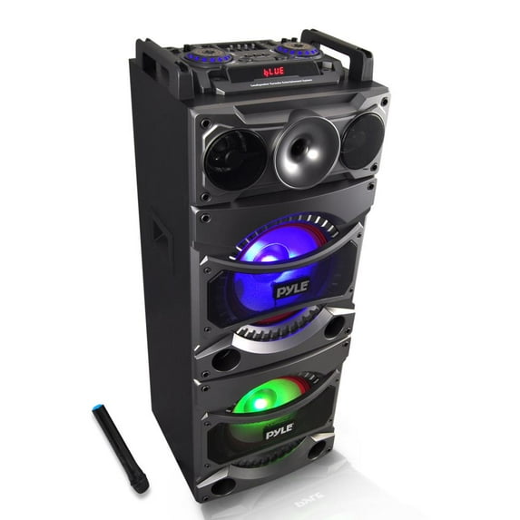 Pyle PSUFM1038BT - Bluetooth PA Loudspeaker Karaoke Entertainment System, Active Powered Speaker, Flashing DJ Party Lights, MP3/USB/SD, FM Radio, Wireless Mic