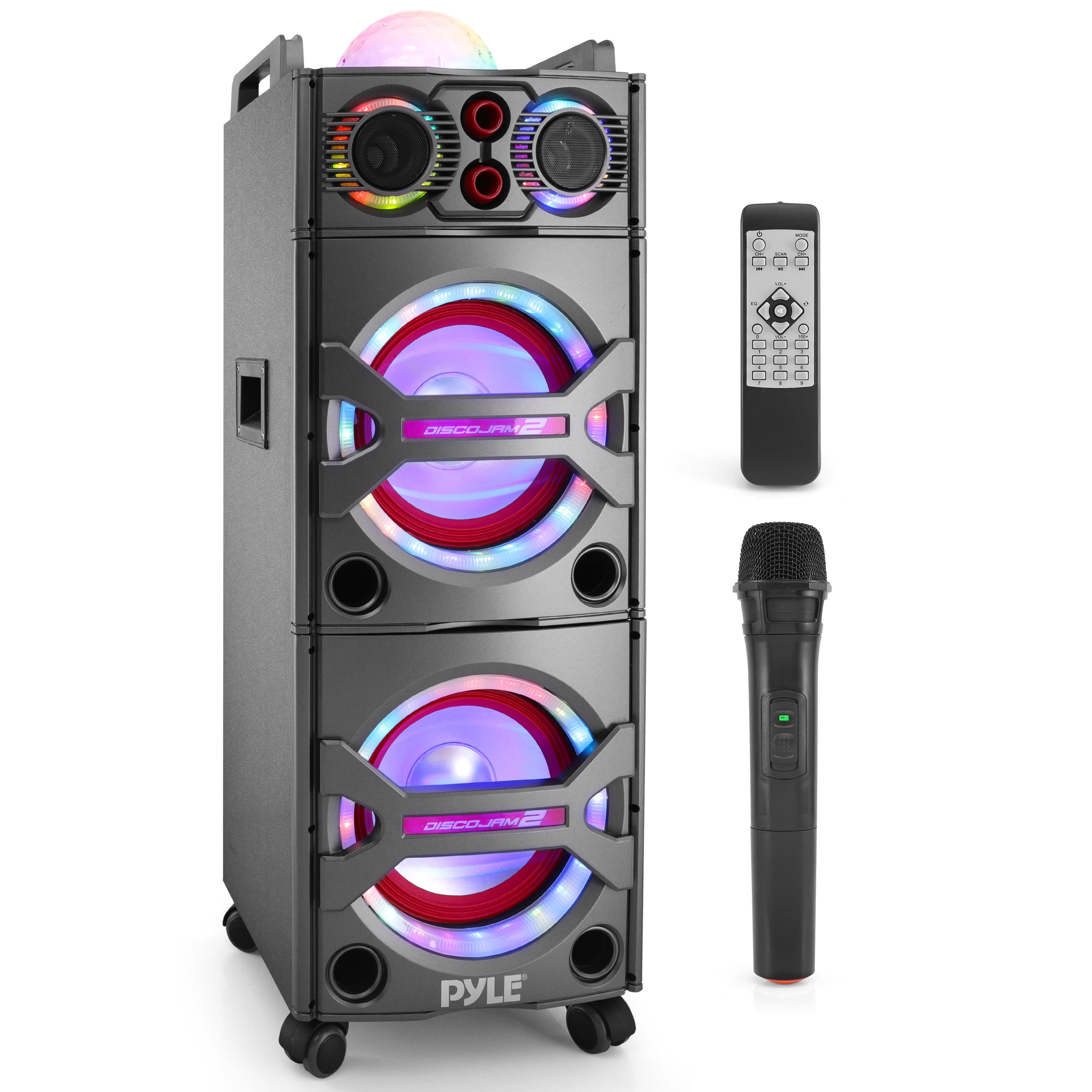 Pyle PSUFM1043BT - Bluetooth PA Loudspeaker Karaoke Entertainment System, Active Powered Speaker, Flashing DJ Party Lights, MP3/USB/SD, FM Radio, Wireless Mic