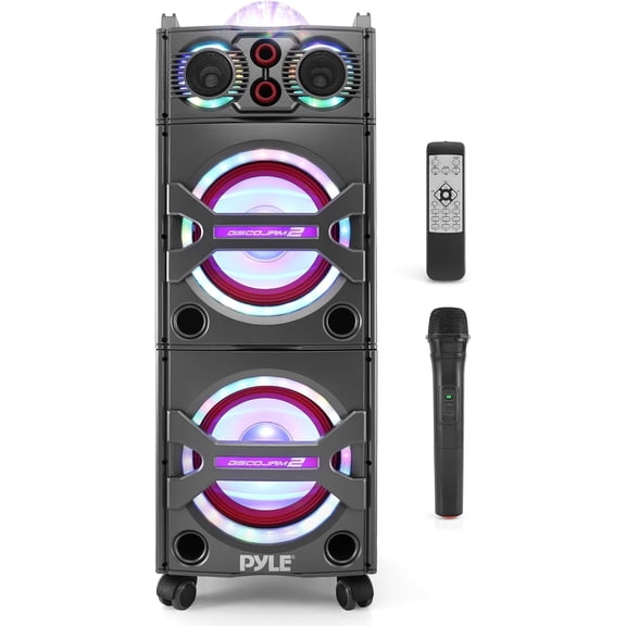 Pyle PSUFM1043BT - Bluetooth PA Loudspeaker Karaoke Entertainment System, Active Powered Speaker, Flashing DJ Party Lights, MP3/USB/SD, FM Radio, Wireless Mic