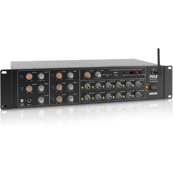 PYLE PT12050CH - 12-Ch. Pro Audio Bluetooth Amplifier - Stage & Studio Sound Mixer Receiver System with Microphone Talk-Over, MP3/USB/SD/AUX, Rack Mount (6000 Watt)