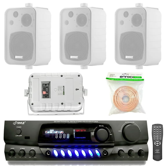 Pyle PT260A 200-Watt 2-Channel Digital AM/FM Radio Stereo Amplifier Receiver, Bundle Combo With 4x Enrock EKMR408W 4" Inch 200-Watt 3-Way White Box Speakers + 50 Feet 18-Gauge Speaker Wire