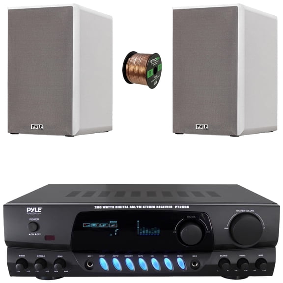 Pyle PT260A Digital Display Screen 200 Watts Digital AM/FM Radio Home Audio Amplifier Stereo Receiver, 2x 5.25 200W Max Power 2-Way HiFi Home Theater Bookshelf White Speakers, 50 Feet Speaker Wire