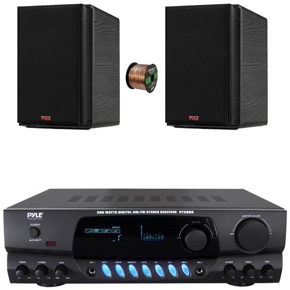Pyle PT260A Digital Display Screen 200 Watts Digital AM/FM Radio Home Audio Amplifier Stereo Receiver, 2x 5.25 200W Max Power 2-Way HiFi Home Theater Bookshelf Black Speakers, 50 Feet Speaker Wire