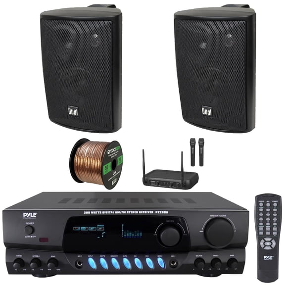 Pyle PT260A Digital Display Screen 200 Watts Digital AM/FM Radio Home Audio Stereo Amplifier Receiver, 2x 4" 200W Max 3-Way Indoor/Outdoor Black Speakers, VHF Wireless Microphone System, Speaker Wire