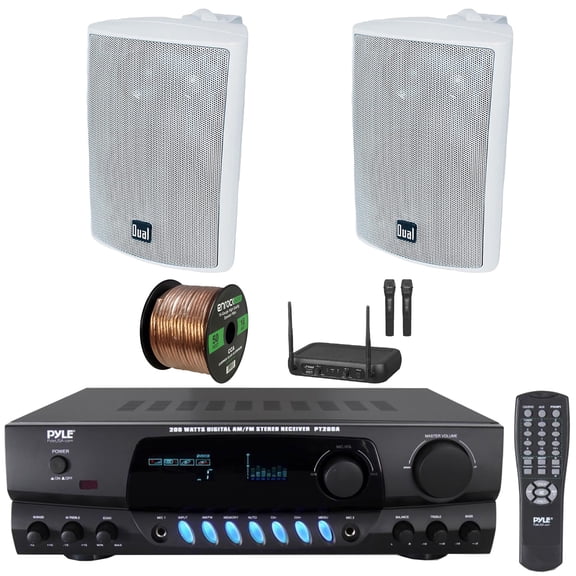 Pyle PT260A Digital Display Screen 200 Watts Digital AM/FM Radio Home Audio Stereo Amplifier Receiver, 2x 4" 200W Max 3-Way Indoor/Outdoor White Speakers, VHF Wireless Microphone System, Speaker Wire