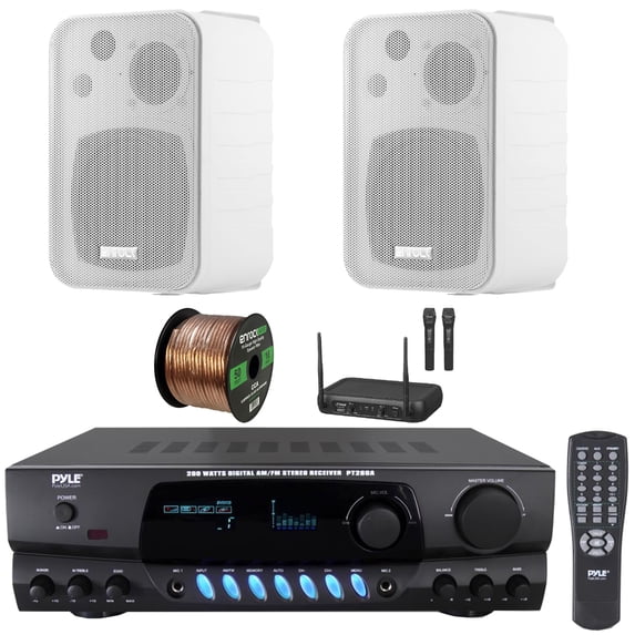 Pyle PT260A Digital Display Screen 200 Watts Digital AM/FM Radio Home Audio Stereo Amplifier Receiver, 2x 4" 30W Max 3-Way Indoor/Outdoor White Speakers, VHF Wireless Microphone System, Speaker Wire