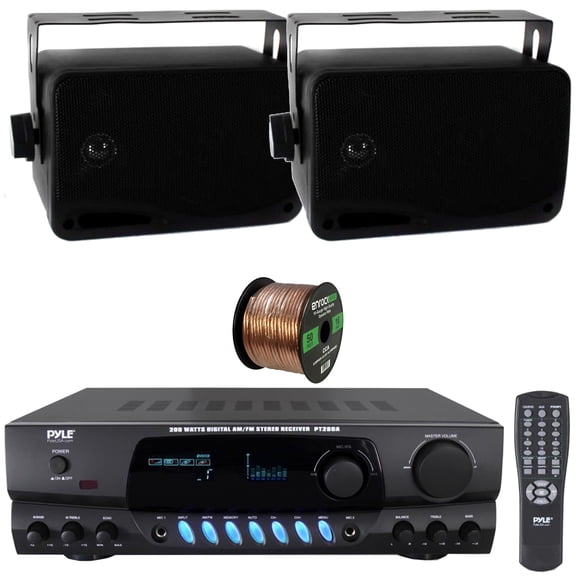 Pyle PT260A Digital Display Screen 200 Watts Digital AM/FM Radio Home Audio Stereo Amplifier Receiver, 2x Pyle PLMR24B 3.5'' 200W Max 3-Way Indoor/Outdoor Wall Mount Black Speakers, Speaker Wire