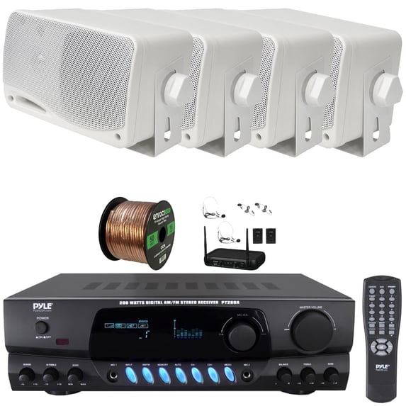 Pyle PT260A Digital Display Screen 200 Watts Digital AM/FM Radio Home Audio Stereo Amplifier Receiver, 4x 3.5'' 200W Max Power 3-Way Mini Box White Speakers, VHF Wireless Microphone System, Wire