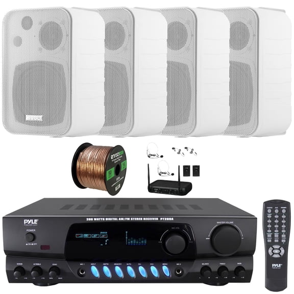 Pyle PT260A Digital Display Screen 200 Watts Digital AM/FM Radio Home Audio Stereo Amplifier Receiver, 4x 4" 30 Watt Max 3-Way Indoor/Outdoor White Box-Speakers, VHF Wireless Microphone System, Wire