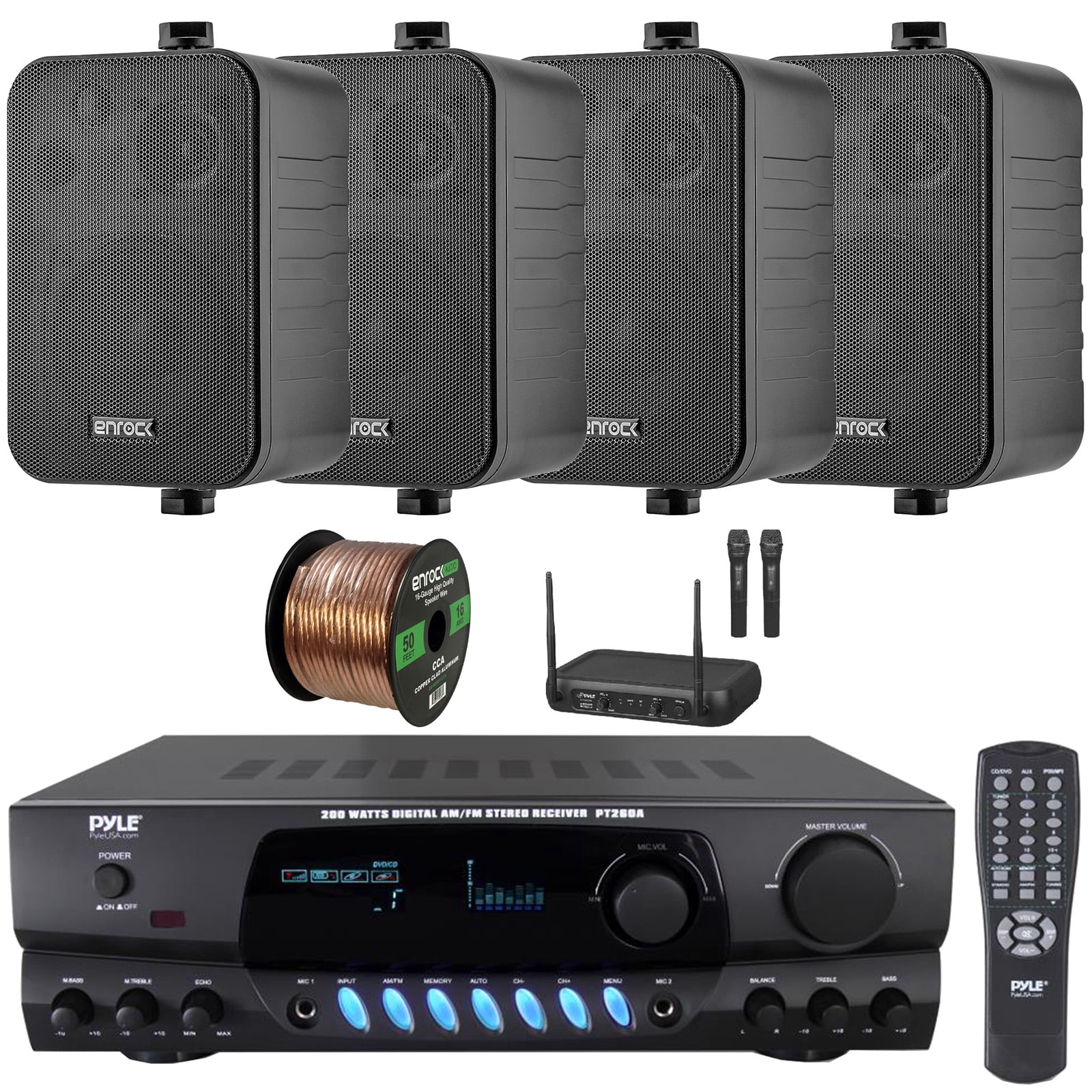 Pyle PT260A Digital Display Screen 200 Watts Digital AM/FM Radio Home Audio Stereo Amplifier Receiver, 4x 4" 30W Max 3-Way Indoor/Outdoor Black Speakers, VHF Wireless Microphone System, Speaker Wire