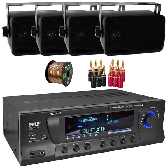 Pyle PT272AUBT Bluetooth USB AM/FM Radio 300 Watts Max Power Home Audio Theater Amplifier Stereo Receiver, 4x 3.5'' 200W Max 3-Way Indoor/Outdoor Wall Mount Black Speakers, Banana Plugs, Speaker Wire
