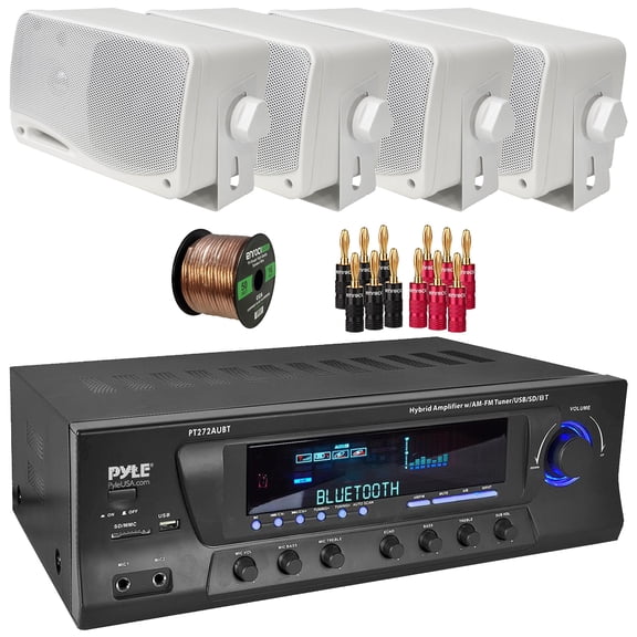 Pyle PT272AUBT Bluetooth USB AM/FM Radio 300 Watts Max Power Home Audio Theater Amplifier Stereo Receiver, 4x 3.5'' 200W Max 3-Way Weather Proof Mini Box White Speakers, Banana Plugs, Speaker Wire