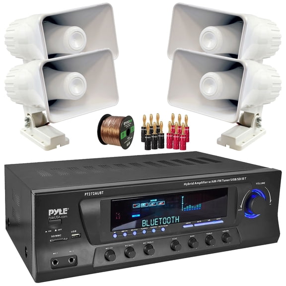 Pyle PT272AUBT Bluetooth USB AM/FM Radio 300 Watts Max Power Home Audio Theater Amplifier Stereo Receiver, 4x 6'' 50 Watt Max Power 8-Ohms Indoor/Outdoor PA Horn Speakers, Banana Plugs, Speaker Wire