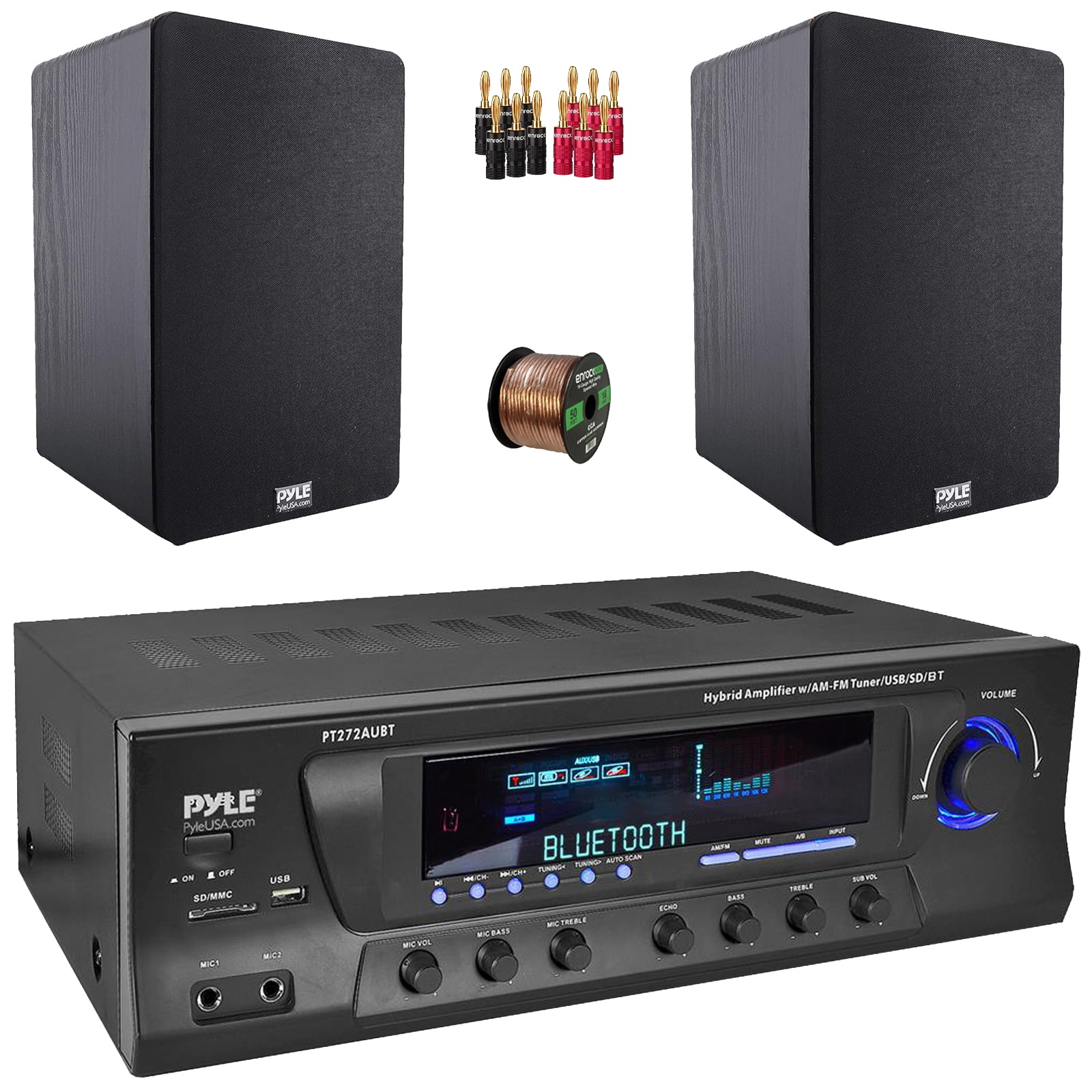 Pyle PT272AUBT High-Power 300 Watt Max AM/FM Radio Bluetooth Home Theater Amplifier Receiver, 2x 6.5'' 240 Watt Max Power Home Theater Wooden Bookshelf Black Speakers, 50 Feet 16 Gauge Speaker Wire