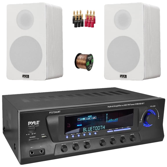 Pyle PT272AUBT High-Power 300 Watt Max AM/FM Radio Bluetooth Home Theater Amplifier Receiver, 2x 6.5 240W Peak Power 2-Way HiFi Home Theater Bookshelf White Speakers, 50 Feet 16 Gauge Speaker Wire