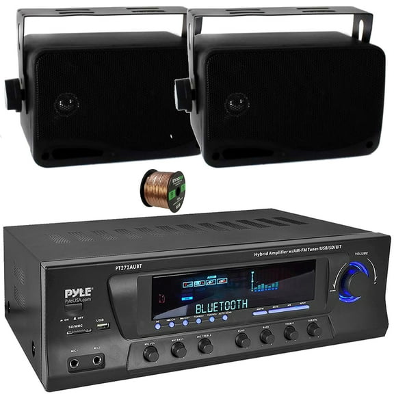 Pyle PT272AUBT High-Power 300 Watt Max Bluetooth Home Theater Amplifier Receiver with AM/FM Radio, MP3 & USB Playback, 2x 3.5'' 200W Max Power 3-Way Indoor/Outdoor Wall Mount Black Speakers W/16G Wire
