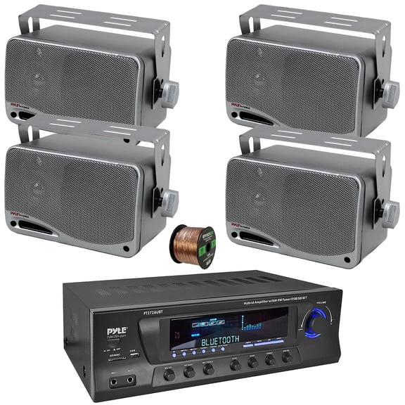 Pyle PT272AUBT High-Power 300 Watt Max Bluetooth Home Theater Amplifier Receiver with AM/FM Radio, MP3 & USB Playback, 4x 3.5'' 200W Max Power 3-Way Weather Proof Mini Box Silver Speakers W/16G Wire