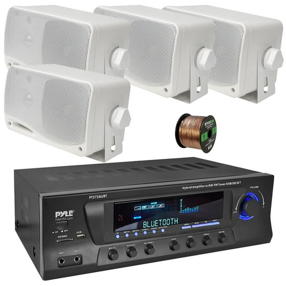 Pyle PT272AUBT High-Power 300 Watt Max Bluetooth Home Theater Amplifier Receiver with AM/FM Radio, MP3 & USB Playback, 4x 3.5'' 200W Max Power 3-Way Weatherproof Mini Box White Speakers W/50 Feet Wire