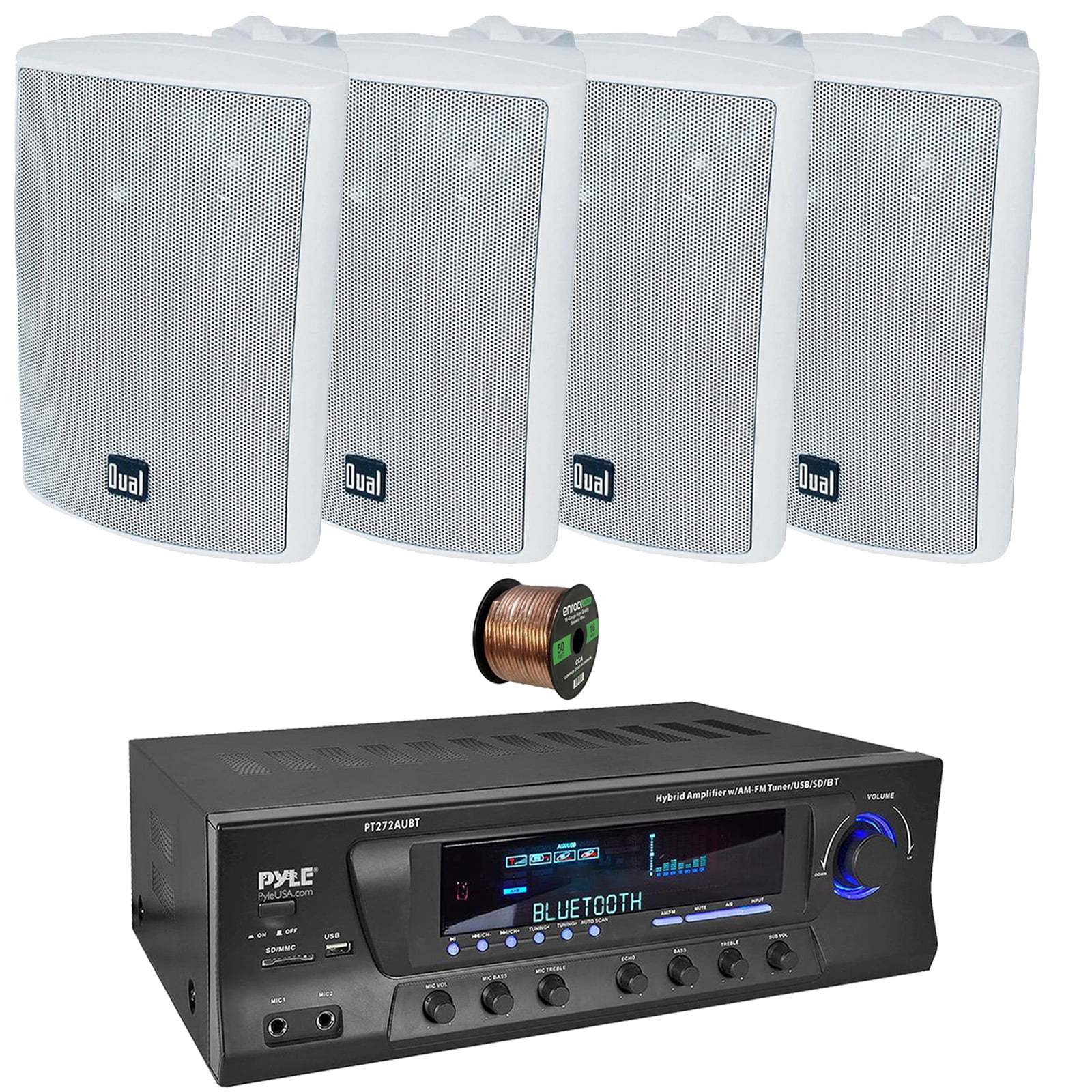 Pyle PT272AUBT High-Power 300 Watt Max Bluetooth Home Theater Amplifier Receiver with AM/FM Radio, MP3 & USB Playback, 4x 4" 200 Watts Max Power 3-Way Indoor/Outdoor White Speakers W/50 Feet 16G Wire