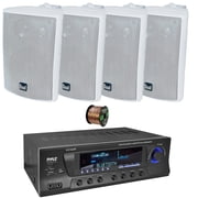 Pyle PT272AUBT High-Power 300 Watt Max Bluetooth Home Theater Amplifier Receiver with AM/FM Radio, MP3 & USB Playback, 4x 4" 200 Watts Max Power 3-Way Indoor/Outdoor White Speakers W/50 Feet 16G Wire