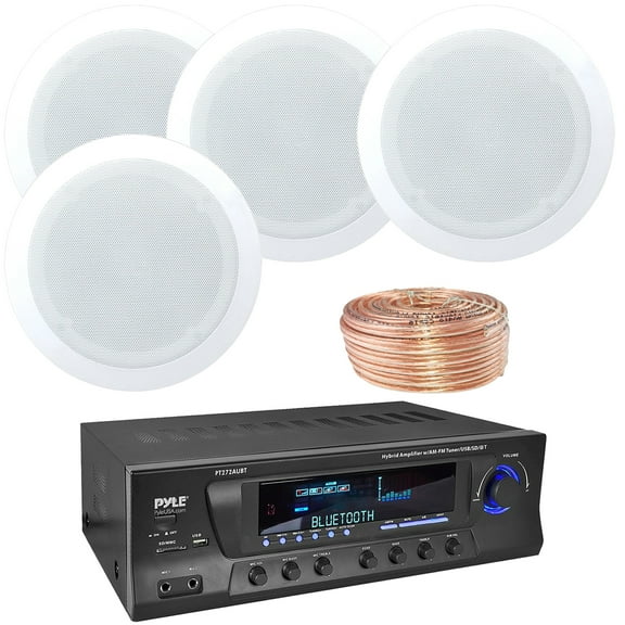 Pyle PT272AUBT High-Power 300 Watt Max Bluetooth Home Theater Amplifier Receiver with AM/FM Radio, MP3 & USB Playback, 4x 8'' 250 Watts Max Power 2-Way In-Ceiling Home Audio White Speakers W/18G Wire