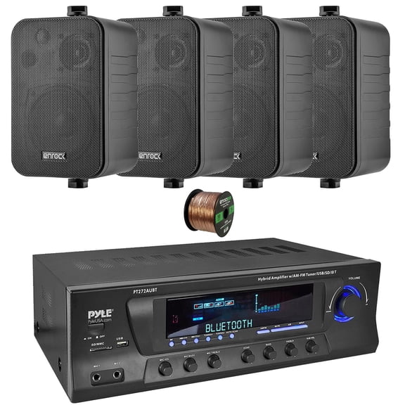 Pyle PT272AUBT High-Power 300 Watt Max Bluetooth Home Theater Amplifier Receiver with AM/FM Radio, MP3 & USB Playback, 4x Enrock 4" 30W Max Power 3-Way Indoor/Outdoor Black Speakers W/18 Gauge Wire
