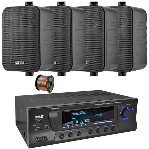 Pyle PT272AUBT High-Power 300 Watt Max Bluetooth Home Theater Amplifier Receiver with AM/FM Radio, MP3 & USB Playback, 4x Enrock EKMR408B 4" 30W Max Power 3-Way Indoor/Outdoor Black Speakers W/Wire