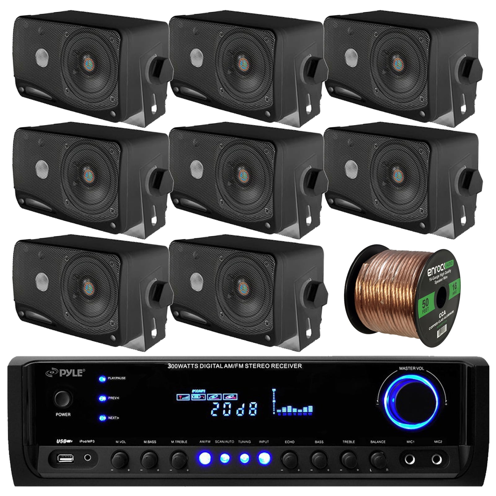 Pyle PT390BTU 300W Digital Home Theater Receiver w/ 8x 3'' 3Way Wall Mount Black Speakers + 50 ft Speaker Wire