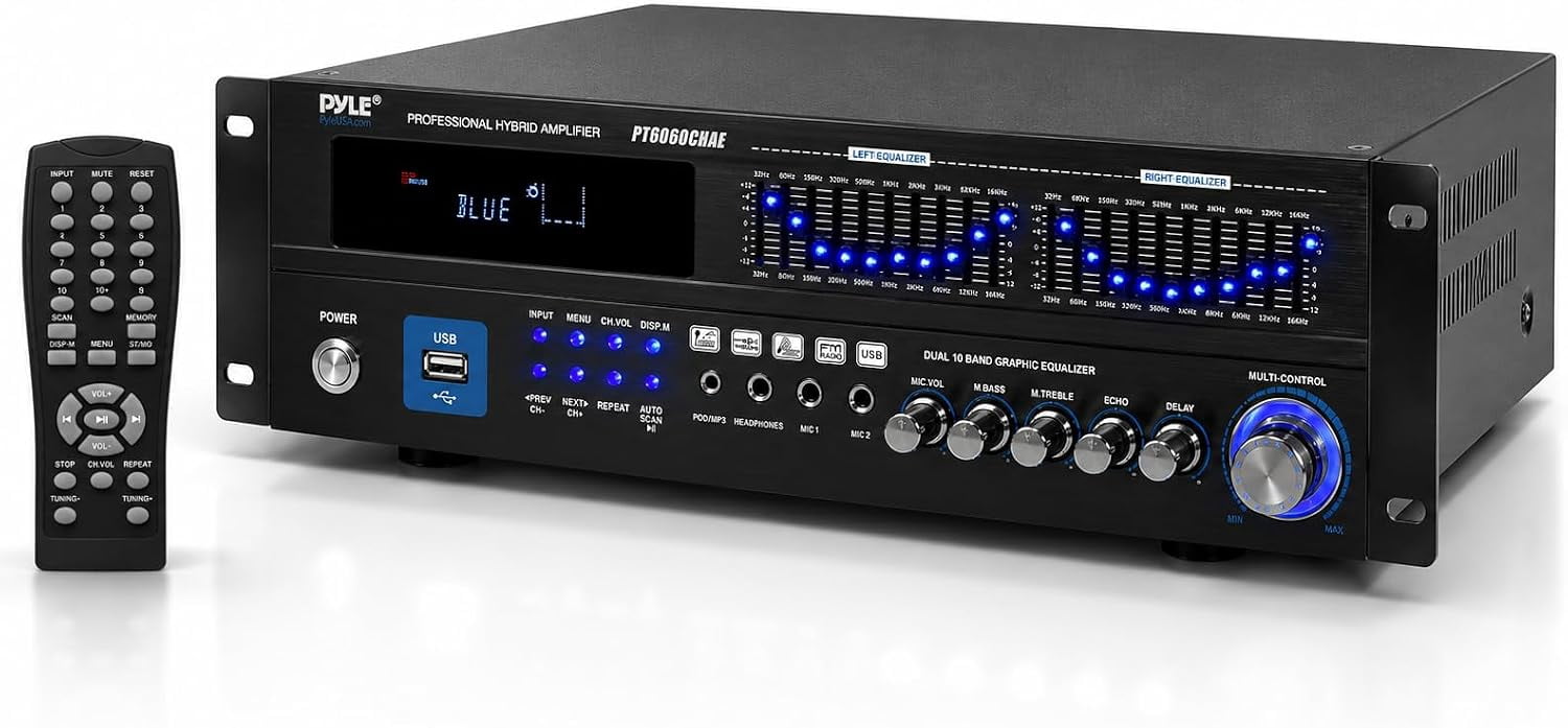 Pyle 2000W Bluetooth 5.0 - 6-Channel Home Amplifier - Rack Mount Stereo Receiver with Radio - USB/AUX/RCA/Mic - Optical/Coaxial - AC-3 - DVD Inputs - Dual 10-Band EQ - PT6060CHAE