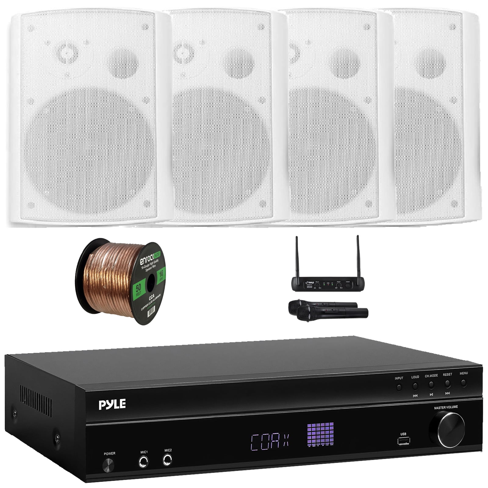 Pyle PT875BT 5.2 Channel 1000W Max USB-A MP3 Player FM Radio Bluetooth Home Theater Amplifier Receiver, 2x 12.7'' 60W RMS Indoor/Outdoor PA Horn Speakers, VHF Wireless Microphone System, Wire