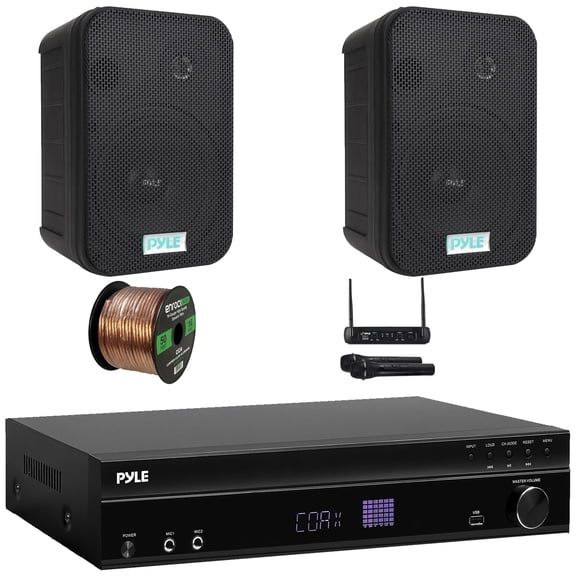 Pyle PT875BT 5.2 Channel 1000W Max USB-A MP3 Player FM Radio Bluetooth Home Theater Amplifier Receiver, 2x 3.5'' 200 Watt Max Power 3-Way White Mini Box Speakers, VHF Wireless Microphone System, Wire