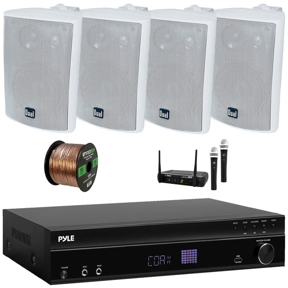 Pyle PT875BT 5.2 Channel 1000W Max USB-A MP3 Player FM Radio Bluetooth Home Theater Amplifier Receiver, 2x 3.5'' 200W Max Power 3-Way Mini Box White Speakers, Wireless Microphone System, Speaker Wire