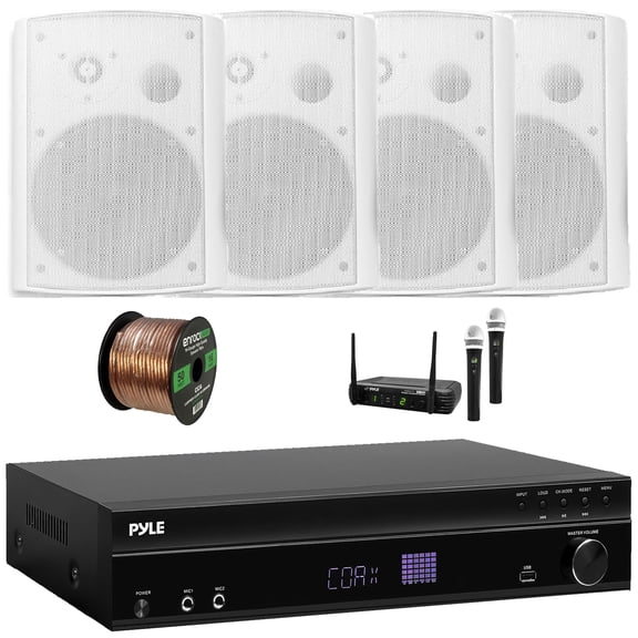 Pyle PT875BT 5.2 Channel 1000W Max USB-A MP3 Player FM Radio Bluetooth Home Theater Amplifier Receiver, 2x 3.5" 300W Max Indoor/Outdoor Black Speakers, VHF Wireless Microphone System, Speaker Wire