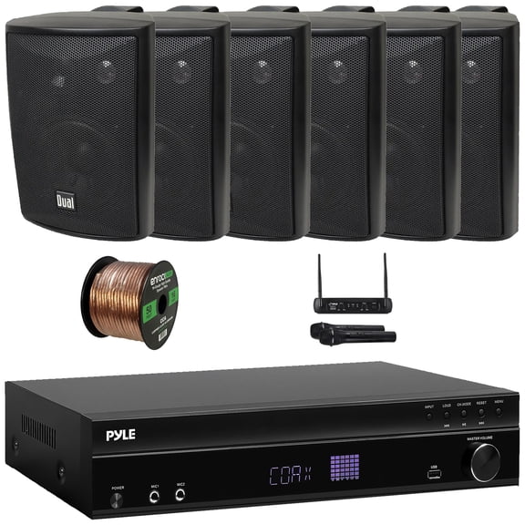 Pyle PT875BT 5.2 Channel 1000W Max USB-A MP3 Player FM Radio Bluetooth Home Theater Amplifier Receiver, 2x 4" 200W Max Power 3-Way Indoor/Outdoor White Speakers, VHF Wireless Microphone System, Wire