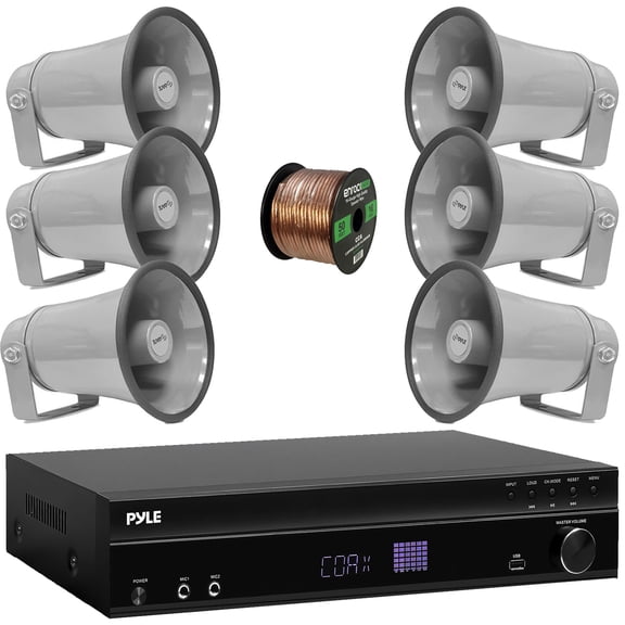 Pyle PT875BT 5.2 Channel 1000W Max USB-A MP3 Player FM Radio Bluetooth Home Theater Amplifier Receiver, 2x 4" 30 Watt Max 3-Way Indoor/Outdoor Black Speakers, Wireless Microphone System, Speaker Wire