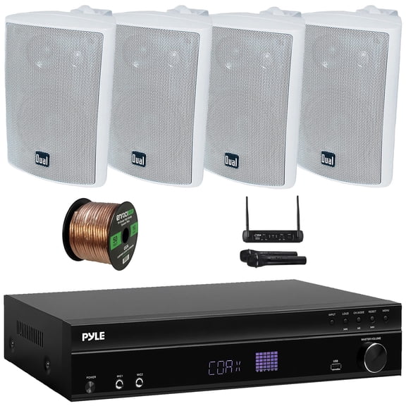 Pyle PT875BT 5.2 Channel 1000W Max USB-A MP3 Player FM Radio Bluetooth Home Theater Amplifier Receiver, 2x 4" 30W Max Power 3-Way Indoor/Outdoor Black Speakers, VHF Wireless Microphone System, Wire