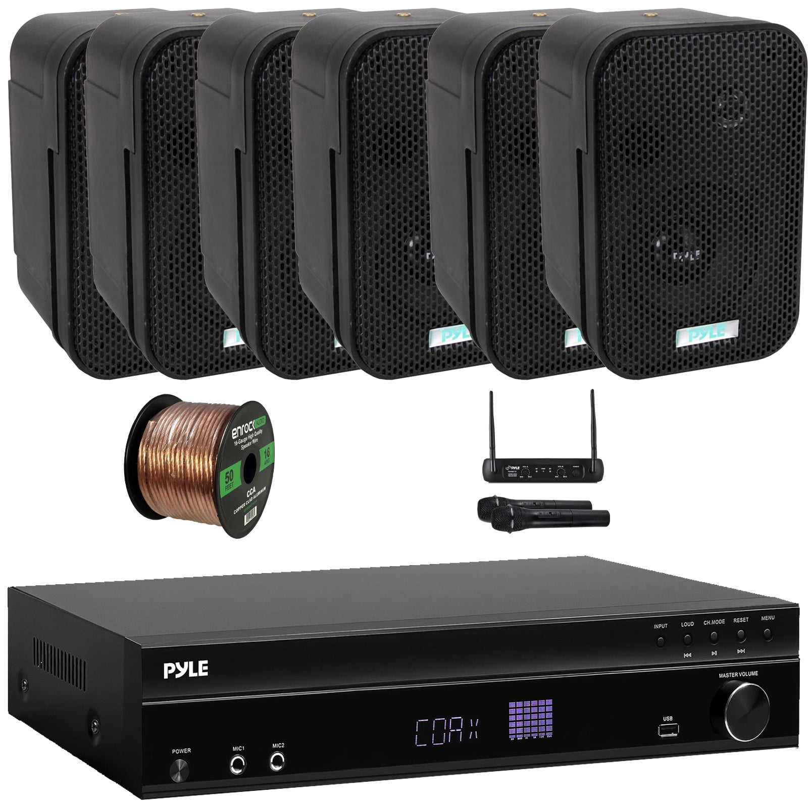 Pyle PT875BT 5.2 Channel 1000W Max USB-A MP3 Player FM Radio Bluetooth Home Theater Amplifier Receiver, 2x 6.5" 500W Max Indoor/Outdoor Waterproof White Speakers, VHF Wireless Microphone System, Wire