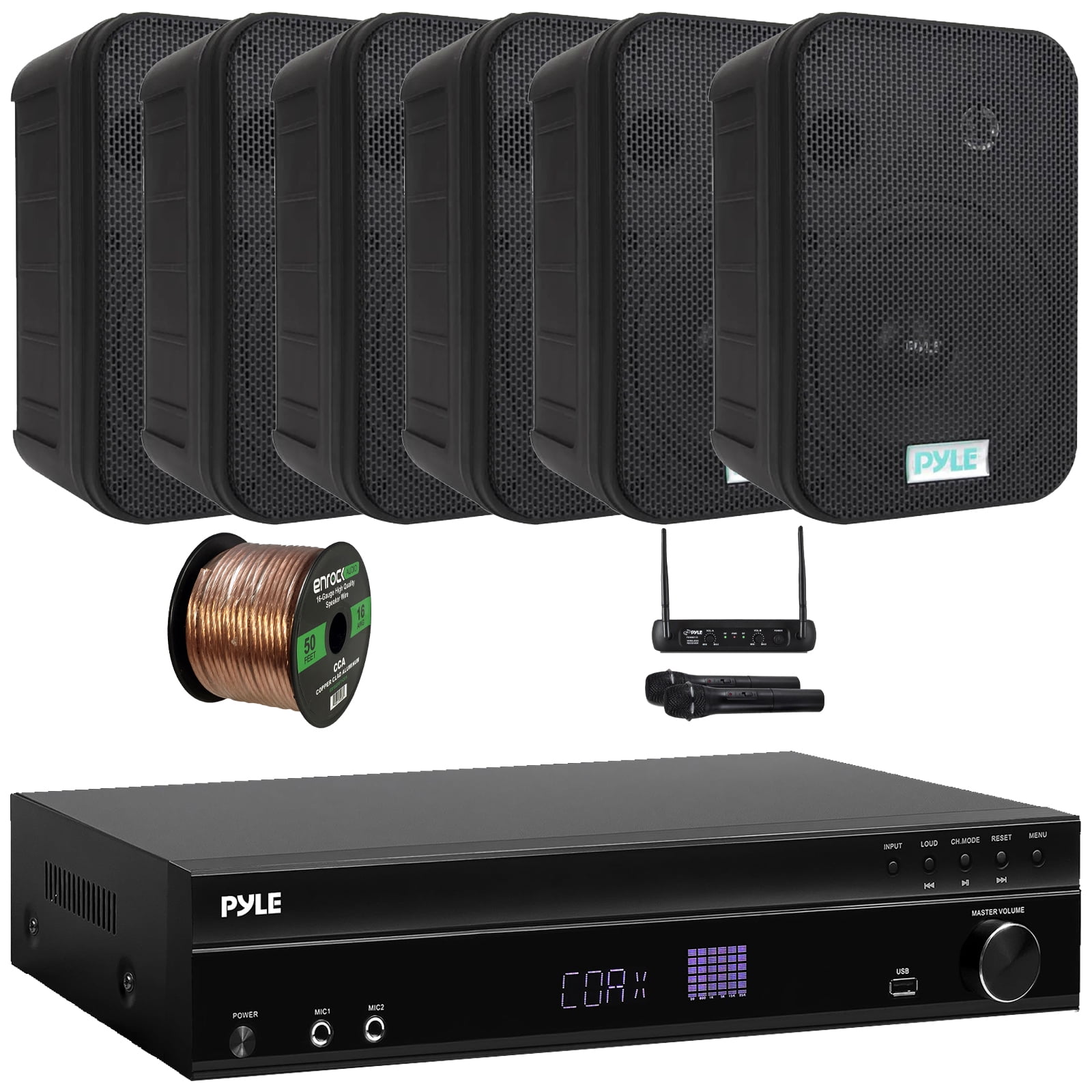 Pyle PT875BT 5.2 Channel 1000W Max USB-A MP3 Player FM Radio Bluetooth Home Theater Amplifier Receiver, 2x 8.1'' 50W Max Indoor/Outdoor PA Horn Speakers, VHF Wireless Microphone System, Wire