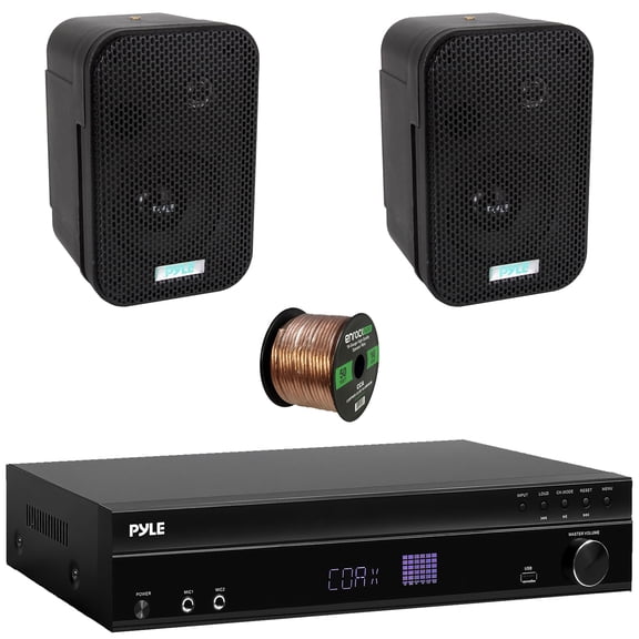 Pyle PT875BT 5.2 Channel 1000W Max USB-A MP3 Player FM Radio Bluetooth Home Theater Amplifier Receiver, 2x Pyle PDWR30B 3.5" 300 Watts Max Power Indoor/Outdoor Black Waterproof Speakers, Speaker Wire